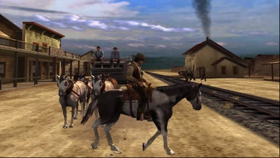 Best Western games: A man on a horse blocks a cart in western game gun