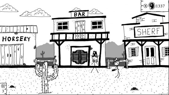 Badly drawn stick people walk about a badly drawn town in western game west of loathing