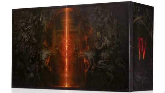 A black box with angels and demons fighting across an opening door that leads to hell on a white background