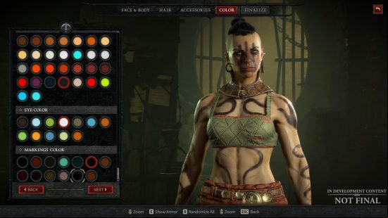Diablo 4 gameplay preview: A woman with tattoos, facial markings, a mohwak and piercings stands in a character creator menu
