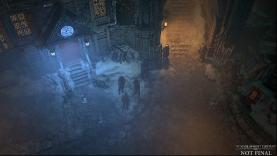 Diablo 4 gameplay preview: A city engulfed in cold mist as three men stand in a triangle chatting