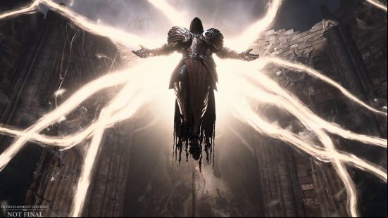 Diablo 4 gameplay preview: A hooded man in silver armour floats with golden wing-like tendrils extending from his back in a cavern