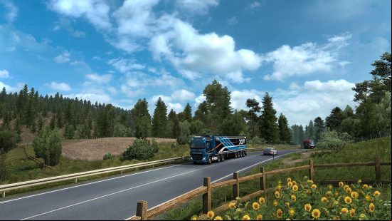 Best truck games: trucks drive through a green countryside