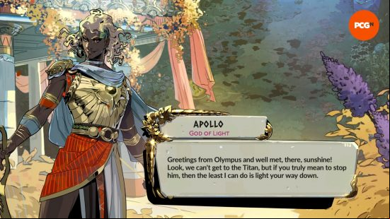 Apollo, a beautiful Black man with blonde hair and golden armor, and one of the Hades 2 Gods, says, "Greetings from Olympus and well met, there, Sunshine!"