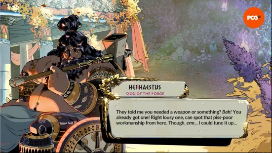 A large man in a wheelchair, Hephaestus, one of the Hades 2 Gods, says, "They told me you needed a weapon or something? Bah! You already got one!"