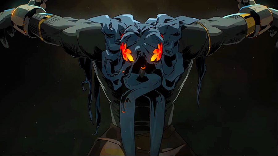 Hades 2 - Hades chained up by his arms, head hanging down