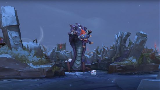 A huge purple snake monster with multiple head sits in a river alcove with a Christmas hat on roaring