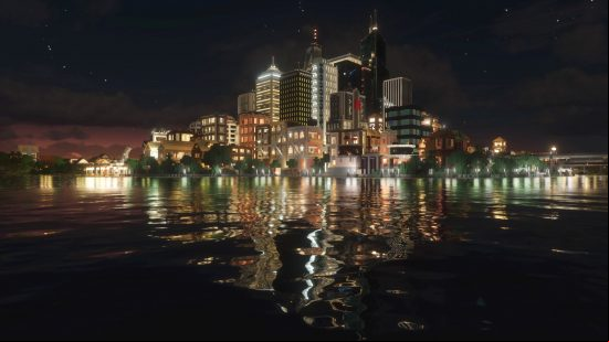 Best Minecraft shaders: A cityscape glows bright in the dark and is reflected in the realistic water surrounding it with new Continuum RT shaders equipped