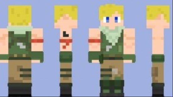 Minecraft skin lets you drop in as Jonesy from Fortnite. This image shows the Minecraft skin from multiple angles. 