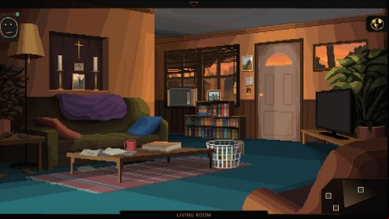 A pixel art living room with a washing basket in the centre