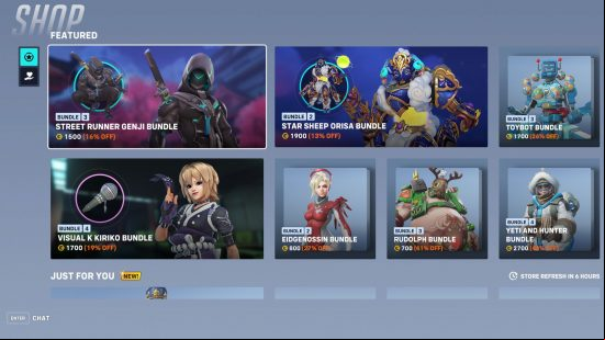Overwatch 2 monetisation: A screenshot of the Overwatch 2 shop, featuring the skin bundles with enticing offers.