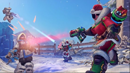 Four versions of Mei lob snowballs at each other during Mei's Snowball Offensive arcade mode, the flagship game mode for the Overwatch 2 Winter Wonderland event.