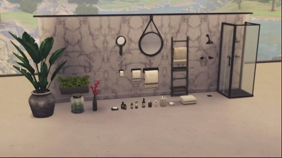Sims 4 CC packs: Custom content for a kitchen, including different sizes of towel rails, mirrors, and various toiletries.