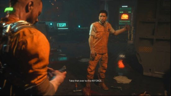 The Callisto Protocol best upgrades: Elias gesturing to the Reforge terminal in the watchtower, as Jacob stands holding the weapons receiver he's just been handed.