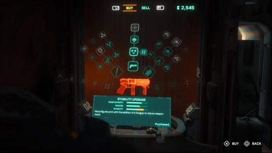 The Callisto Protocol best upgrades: The Reforge interface depicting the weapon selected and its corresponding upgrade tree, along with how much the upgrade costs to purchase.