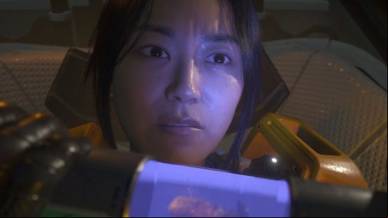 The Callisto Protocol ending: Dani strapped into the escape pod, looking at the evidence that Jacob has left her in order to expose the secret of Black Iron and Kallipolis