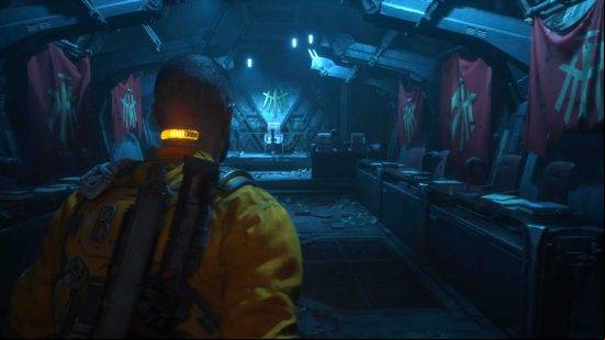 The Callisto Protocol Kallipolis: The first secret room in Black Iron prison which holds the mysteries of Kallipolis. This room is full of desks with banners and sigils lining the walls.