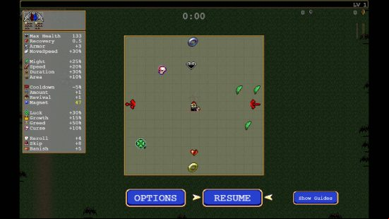Vampire Survivors weapon evolutions - the in-game map shows both Silver and Gold Rings and Metaglio Left and Metaglio Right, which you collect to combine with the Clock Lancet and Laurel.