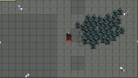 Vampire Survivors weapon evolutions - a white-haired man in a black and red cloak running away from lots of mermen.