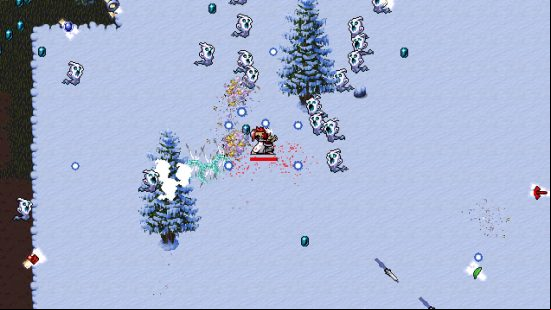 Vampire Survivors weapon evolutions - a monstrous-looking man with white robes and a red sash fighting against ghosts in the woods.