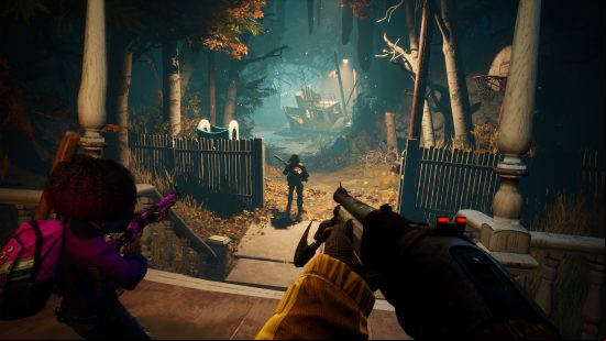 Redfall release date: first person view of someone holding a shotgun in a cave