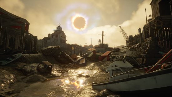 Redfall release date: a dried up riverbed shows beachs ships and a blocked-out sun in the sky