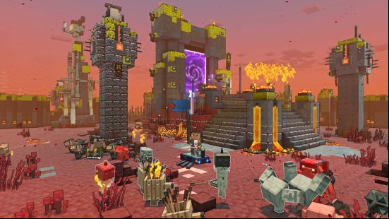 Minecraft Legends release date - a player is capturing a base by planting his flag in the centre.