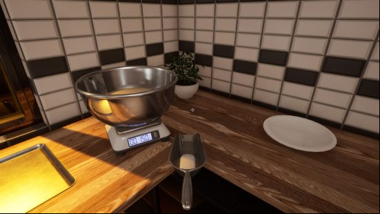 Best cooking games: the player is measuring some flour into a steel bowl. They currently have 150 grams in the bowl and a little more in their scoop.