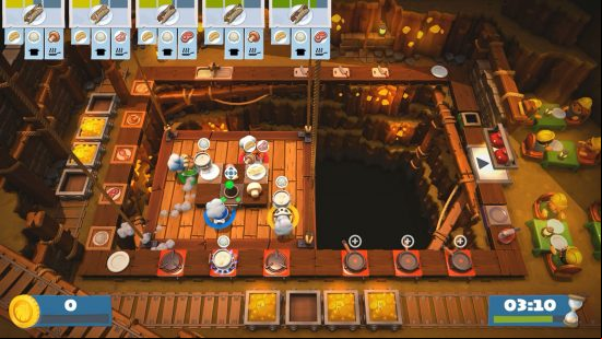 Best cooking games: four chefs are trying to frantically cook and serve meals to waiting customers while suspended by a conveyer lift in a mine shaft.