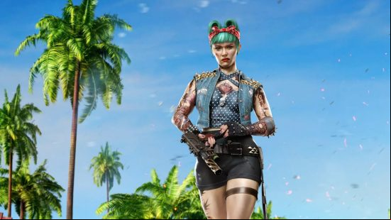 Dead Island 2 characters: Dani, a green haired punk, stands in front of a sunny, palm-tree filled backdrop