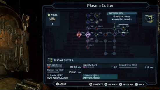 Dead Space weapon upgrades: Isaac Clarke viewing the interface of the upgrade bench, which displays the current unlocked upgrade path of the plasma cutter.