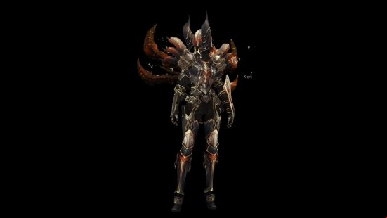 A female armoured warrior with black, horn-like wings sprouting from her back emanating fire energy and sparks