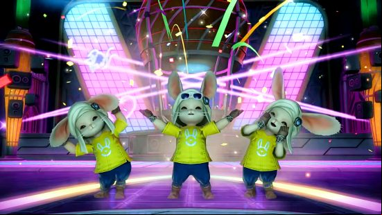 FFXIV 6.3 - three Loporrits pose in a flashy nightclub