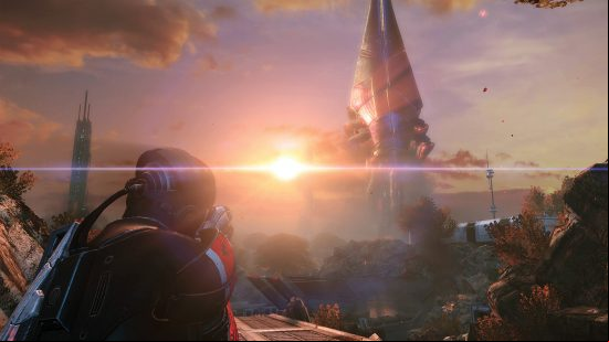 Games like Starfield - Mass Effect Trilogy: A rocket launching in the distance while someone watches it from afar