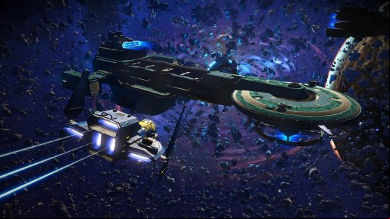 Games like Starfield - No Man's Sky: The player ship flying towards a huge space station