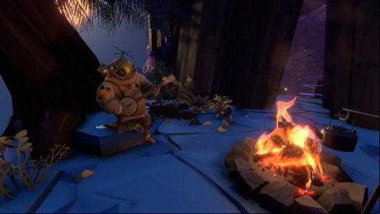 Games like Starfield - Outer Wilds: Someone playing a guitar by a campfire