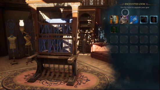Hogwarts Legacy Room of Requirement - a Loom acting as the upgrade screen for clothes in the Room of Requirement.