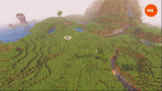 An aerial view of a Minecraft plains biome, a large open expanse of grass with some flowers and animals, and a pillager outpost in the corner.