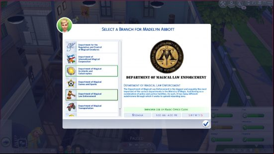 Sims 4 mods: Magic Career, a list of job options is shown