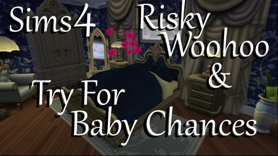 Sims 4 sex mods: A picture of a bed with the clear shape of people under the covers and hearts above it, with the words "Risky WooHoo: Try for baby chances" over it.