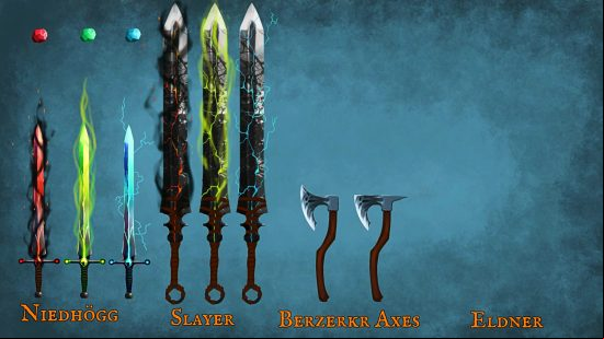 Valheim Ashlands weapons concepts - artwork of three straight swords, three greatswords, and two hand axes for the survival game