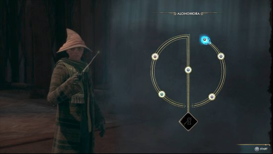 Hogwarts Legacy unlock locked doors chests - the Alohomora spell learning minigame. The player must hold the analog stick in the direction of the path, pressing the button when their marker goes over it.