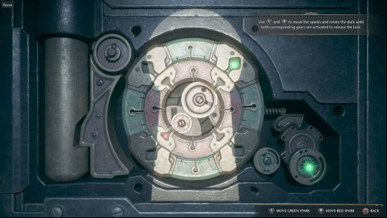 Hogwarts Legacy unlock locked doors chests - the lockpicking puzzle in Hogwarts Legacy. It shows a green ring which is in the correct place as the gears on the right are turning with a green light. The gears on the left are not turning because the red spark in the inner ring is not in the correct place.