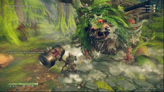 Wild Hearts review - a Sapscourge is becoming enraged while the hunter is about to smack it with a giant mallet.