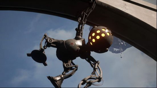 Atomic Heart bosses: Belyash, an ape-like robot, hangs suspended from one of the structures in Facility 3826.