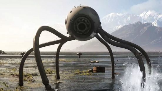 Atomic Heart bosses: Dewdrop, an octopus-like robot that balances using its long tentacles, kicks up water as it walks along the shoreline.
