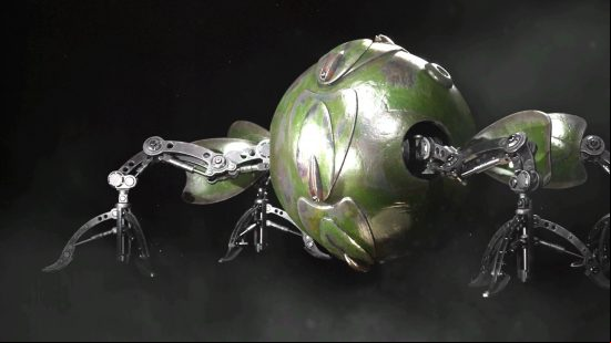 Atomic Heart bosses: Hedgie, the rolling mechanical ball boss, stands with its legs splayed.