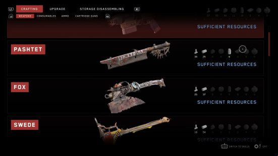 Atomic Heart best weapons: The crafting menu in Mundfish's FPS game, displaying Padhtest, Fox, and Swede, three melee weapons that can be equipped and upgraded.