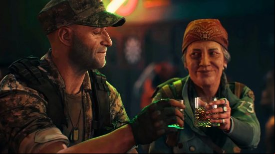 Back 4 Blood - General Phillips and Mom clink glasses in a bar and exchange wry smiles