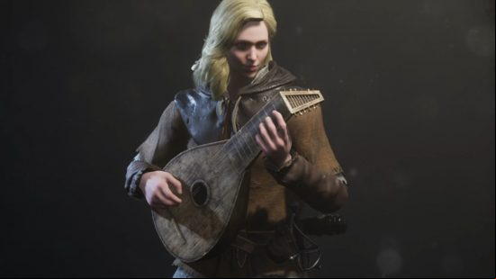Dark and Darker classes: a blonde, female Dark and Darker bard stands strumming on a lute.